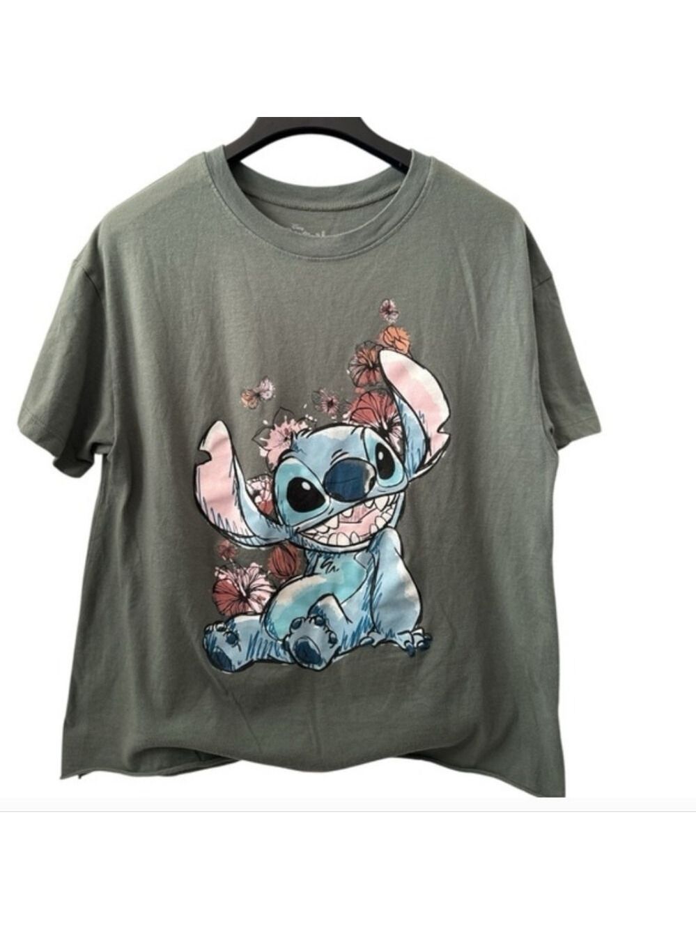 Juniors XL • Disney • Olive Green Graphic Tee with Stitch and Floral Design - Picture 3 of 7